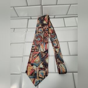 EMODA ITALY Mens Vintage Tie Muted Colors Turquoise Coral Black Abstract Print 5